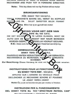 Dinky Toys 103 Captain Scarlet Spectrum Patrol Car Instruction Sheet