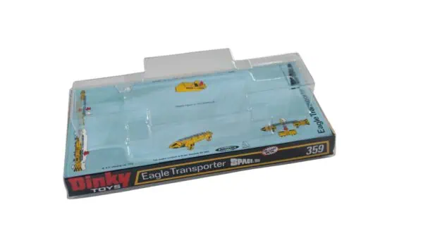 Showcase one of the most iconic sci-fi vehicles ever made with this premium reproduction blister (bubble) box for the Dinky Toys 359 Eagle Transporter, as seen in Space: 1999. Designed to faithfully replicate the original packaging, this repro captures the unmistakable look that made the Eagle a standout classic of the Dinky range. Featuring crisp, vibrant backing card artwork and a clear display bubble, this box delivers the authentic “mint-on-card” presentation collectors love. Whether you're restoring a cherished model or elevating your display, this reproduction adds that essential finishing touch that transforms a loose model into a true collector’s piece. Why collectors love it: Accurate blister-style reproduction of the original Dinky 359 packaging Bold, period-correct artwork from Space: 1999 Clear plastic bubble for an authentic vintage display look Instantly enhances presentation and nostalgic appeal Perfect for: Completing a boxed Eagle Transporter display Replacing damaged or missing original packaging Creating a standout retro sci-fi showcase