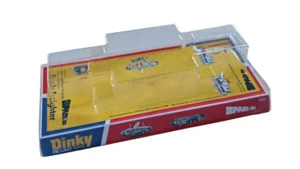 dinky 360 yellow red bubble box 1 Bring your collection back to life with this beautifully produced reproduction blister (bubble) box for the iconic Dinky Toys 360 Eagle Freighter – Yellow Version, as featured in the classic sci-fi series Space: 1999. One of the most recognisable vehicles of the era, the Eagle Freighter deserves to be displayed exactly as it appeared on toy shop shelves — and this repro box delivers just that. Carefully recreated with vivid, period-correct artwork and a crystal-clear display bubble, this packaging captures the unmistakable retro style of the original release. The bold yellow theme reflects the freight variant perfectly, making it an eye-catching addition to any serious Dinky or Gerry Anderson collection. Whether you're restoring a cherished model or building a display-worthy set, this blister box adds instant authenticity and nostalgic charm. Why collectors love it: Faithful reproduction of the original blister-style packaging Bright, accurate backing card artwork with classic Space: 1999 styling Clear plastic bubble for an authentic “mint-on-card” presentation Enhances both display quality and collectible value Perfect for: Completing your Dinky Eagle Freighter display Replacing worn, damaged, or missing packaging Creating a standout retro showcase piece