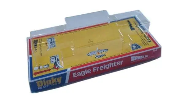 dinky 360 yellow red bubble box 2 Bring your collection back to life with this beautifully produced reproduction blister (bubble) box for the iconic Dinky Toys 360 Eagle Freighter – Yellow Version, as featured in the classic sci-fi series Space: 1999. One of the most recognisable vehicles of the era, the Eagle Freighter deserves to be displayed exactly as it appeared on toy shop shelves — and this repro box delivers just that. Carefully recreated with vivid, period-correct artwork and a crystal-clear display bubble, this packaging captures the unmistakable retro style of the original release. The bold yellow theme reflects the freight variant perfectly, making it an eye-catching addition to any serious Dinky or Gerry Anderson collection. Whether you're restoring a cherished model or building a display-worthy set, this blister box adds instant authenticity and nostalgic charm. Why collectors love it: Faithful reproduction of the original blister-style packaging Bright, accurate backing card artwork with classic Space: 1999 styling Clear plastic bubble for an authentic “mint-on-card” presentation Enhances both display quality and collectible value Perfect for: Completing your Dinky Eagle Freighter display Replacing worn, damaged, or missing packaging Creating a standout retro showcase piece