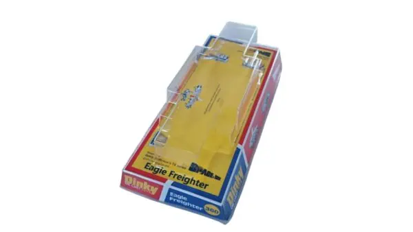 dinky 360 yellow red bubble box 4 Bring your collection back to life with this beautifully produced reproduction blister (bubble) box for the iconic Dinky Toys 360 Eagle Freighter – Yellow Version, as featured in the classic sci-fi series Space: 1999. One of the most recognisable vehicles of the era, the Eagle Freighter deserves to be displayed exactly as it appeared on toy shop shelves — and this repro box delivers just that. Carefully recreated with vivid, period-correct artwork and a crystal-clear display bubble, this packaging captures the unmistakable retro style of the original release. The bold yellow theme reflects the freight variant perfectly, making it an eye-catching addition to any serious Dinky or Gerry Anderson collection. Whether you're restoring a cherished model or building a display-worthy set, this blister box adds instant authenticity and nostalgic charm. Why collectors love it: Faithful reproduction of the original blister-style packaging Bright, accurate backing card artwork with classic Space: 1999 styling Clear plastic bubble for an authentic “mint-on-card” presentation Enhances both display quality and collectible value Perfect for: Completing your Dinky Eagle Freighter display Replacing worn, damaged, or missing packaging Creating a standout retro showcase piece