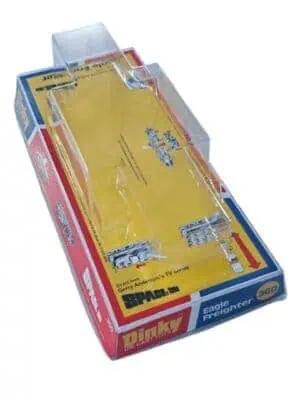 Bring your collection back to life with this beautifully produced reproduction blister (bubble) box for the iconic Dinky Toys 360 Eagle Freighter – Yellow Version, as featured in the classic sci-fi series Space: 1999. One of the most recognisable vehicles of the era, the Eagle Freighter deserves to be displayed exactly as it appeared on toy shop shelves — and this repro box delivers just that. Carefully recreated with vivid, period-correct artwork and a crystal-clear display bubble, this packaging captures the unmistakable retro style of the original release. The bold yellow theme reflects the freight variant perfectly, making it an eye-catching addition to any serious Dinky or Gerry Anderson collection. Whether you're restoring a cherished model or building a display-worthy set, this blister box adds instant authenticity and nostalgic charm. Why collectors love it: Faithful reproduction of the original blister-style packaging Bright, accurate backing card artwork with classic Space: 1999 styling Clear plastic bubble for an authentic “mint-on-card” presentation Enhances both display quality and collectible value Perfect for: Completing your Dinky Eagle Freighter display Replacing worn, damaged, or missing packaging Creating a standout retro showcase piece