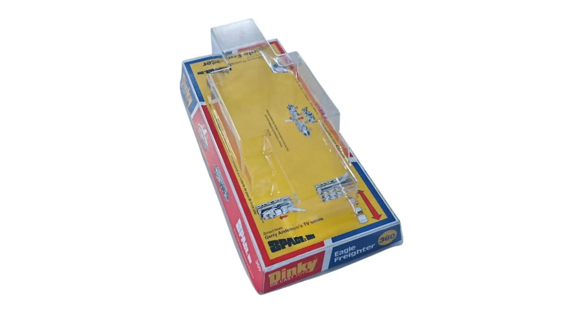 Bring your collection back to life with this beautifully produced reproduction blister (bubble) box for the iconic Dinky Toys 360 Eagle Freighter – Yellow Version, as featured in the classic sci-fi series Space: 1999. One of the most recognisable vehicles of the era, the Eagle Freighter deserves to be displayed exactly as it appeared on toy shop shelves — and this repro box delivers just that. Carefully recreated with vivid, period-correct artwork and a crystal-clear display bubble, this packaging captures the unmistakable retro style of the original release. The bold yellow theme reflects the freight variant perfectly, making it an eye-catching addition to any serious Dinky or Gerry Anderson collection. Whether you're restoring a cherished model or building a display-worthy set, this blister box adds instant authenticity and nostalgic charm. Why collectors love it: Faithful reproduction of the original blister-style packaging Bright, accurate backing card artwork with classic Space: 1999 styling Clear plastic bubble for an authentic “mint-on-card” presentation Enhances both display quality and collectible value Perfect for: Completing your Dinky Eagle Freighter display Replacing worn, damaged, or missing packaging Creating a standout retro showcase piece